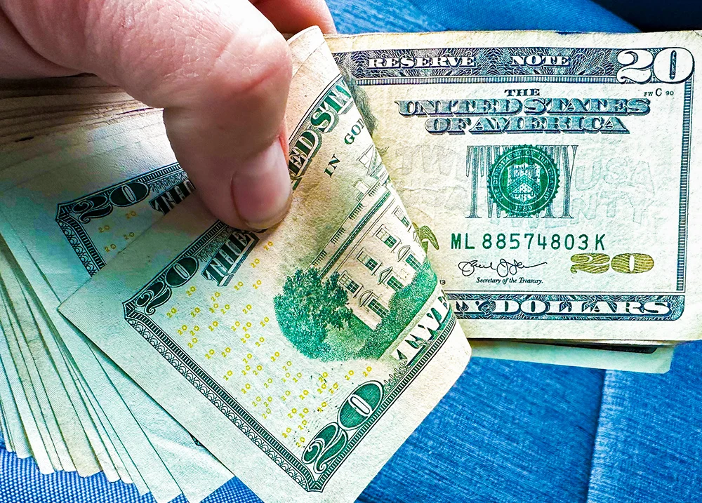 Hand holding a handful of $20 bills