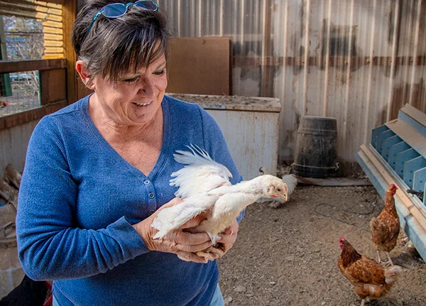 Woman holding a chicken