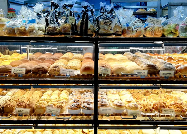 Baked goods in a display case