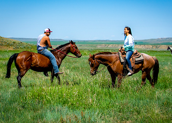 Two people riding horses in a field