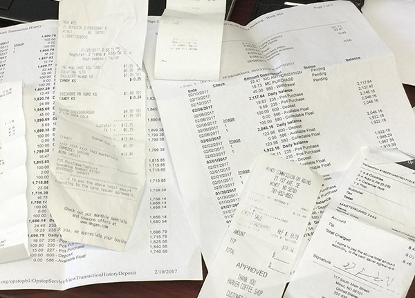 Receipts on a tabletop