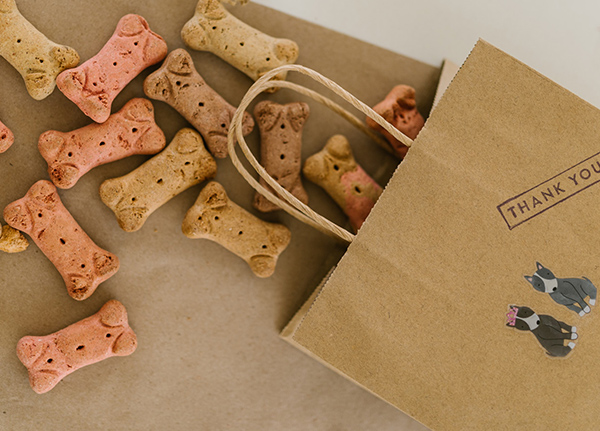 Dog bones coming out of a brown paper gift bag