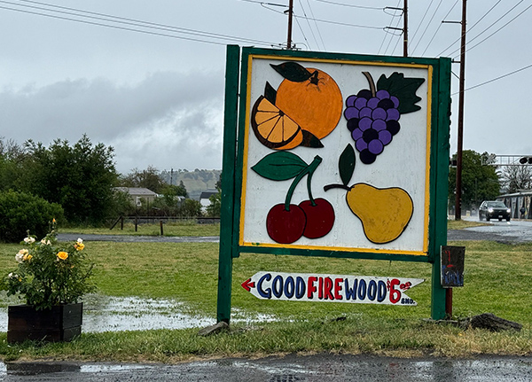 Handmade sign on the side of the road with painted fruits